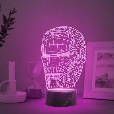 3D Illusion Iron Man Head Night Lamp with Multicolored Light Gift for Marvel Fan Kids Room Decor Light
