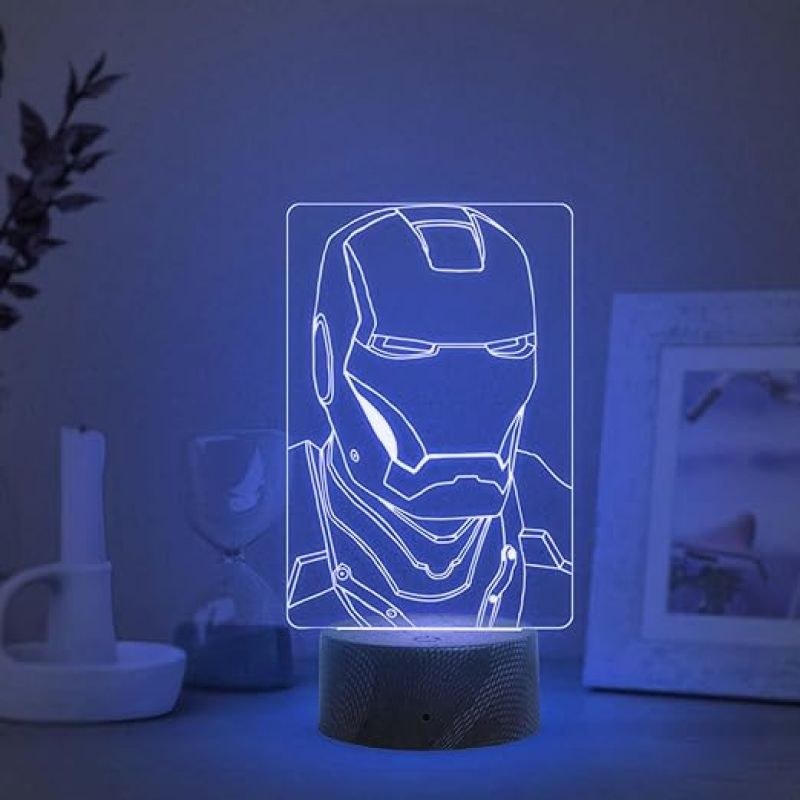 3D Illusion Iron Man Head Night Lamp with Multicolored Light Birthday Gift for Avengers Fan