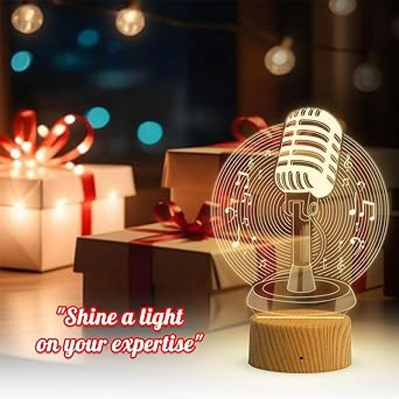 3D Illusion Microphone Night Lamp with Warm White Light Gift for Music Lover & Home Decor Light