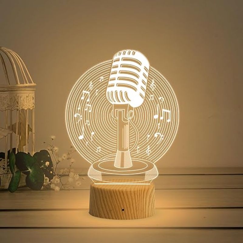 3D Illusion Microphone Night Lamp with Warm White Light Gift for Music Lover & Home Decor Light