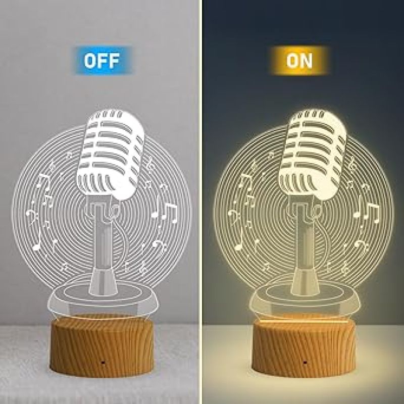 3D Illusion Microphone Night Lamp with Warm White Light Gift for Music Lover & Home Decor Light
