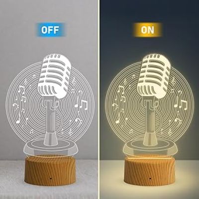 3D Illusion Microphone Night Lamp with Warm White Light Gift for Music Lover & Home Decor Light