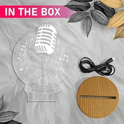 3D Illusion Microphone Night Lamp with Warm White Light Gift for Music Lover & Home Decor Light