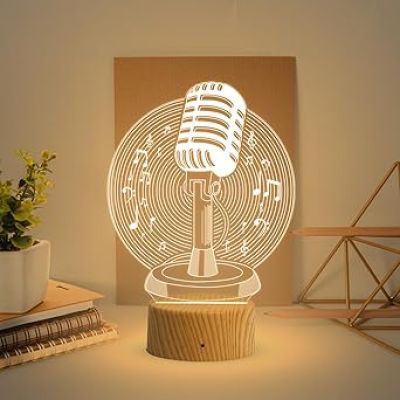 3D Illusion Microphone Night Lamp with Warm White Light Gift for Music Lover & Home Decor Light
