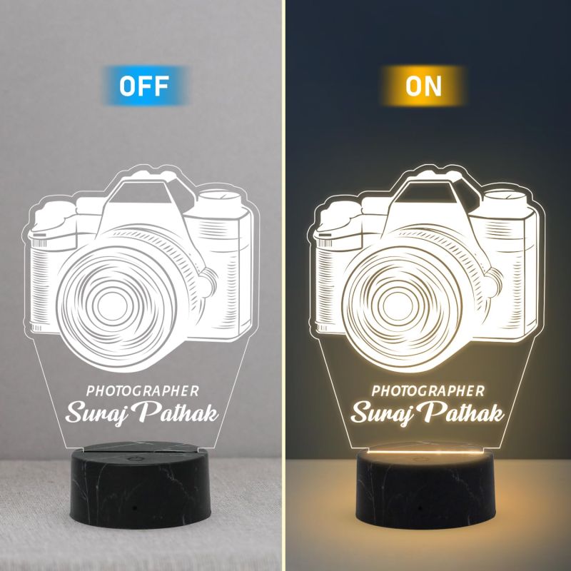 Personalized Photographer Camera Night Lamp with Warm White Light Customized with Name Gift for Photography Lover & Decor Photo Studio
