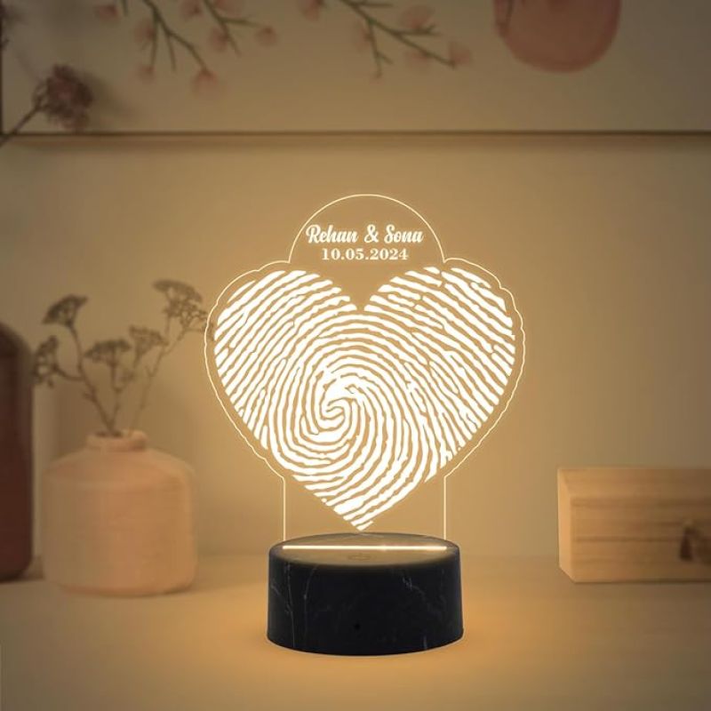Personalized Fingerprint Night Lamp with Warm White Light Heart Shape Customized Name and Date Gift for Newly Married Couple, Husband, Wife, Friend, Wedding, Anniversary & Engagement