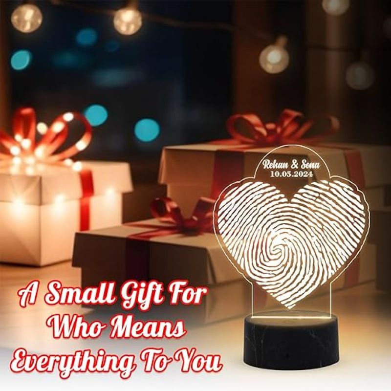 Personalized Fingerprint Night Lamp with Warm White Light Heart Shape Customized Name and Date Gift for Newly Married Couple, Husband, Wife, Friend, Wedding, Anniversary & Engagement