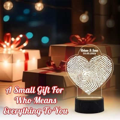 Personalized Fingerprint Night Lamp with Warm White Light Heart Shape Customized Name and Date Gift for Newly Married Couple, Husband, Wife, Friend, Wedding, Anniversary & Engagement