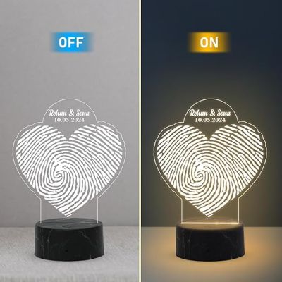 Personalized Fingerprint Night Lamp with Warm White Light Heart Shape Customized Name and Date Gift for Newly Married Couple, Husband, Wife, Friend, Wedding, Anniversary & Engagement