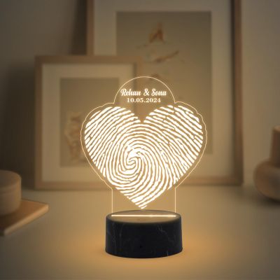 Personalized Fingerprint Night Lamp with Warm White Light Heart Shape Customized Name and Date Gift for Newly Married Couple, Husband, Wife, Friend, Wedding, Anniversary & Engagement