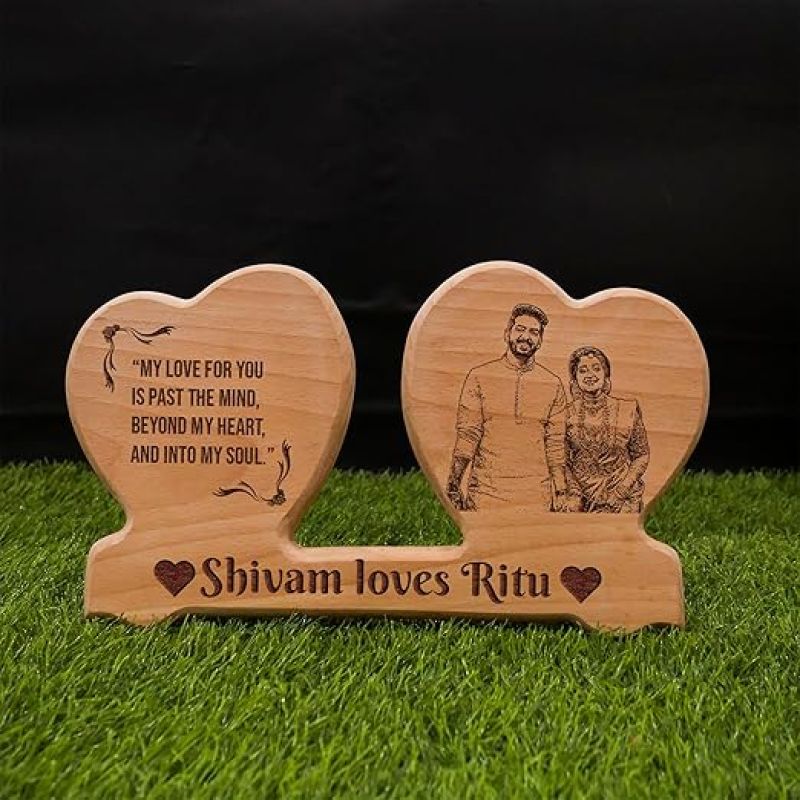 Double Heart Shaped Engraved Wooden Plaque Customized with Name, Text and Photo