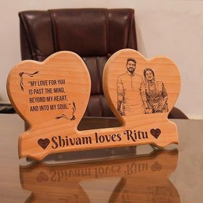 Double Heart Shaped Engraved Wooden Plaque Customized with Name, Text and Photo