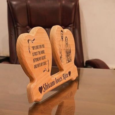 Double Heart Shaped Engraved Wooden Plaque Customized with Name, Text and Photo