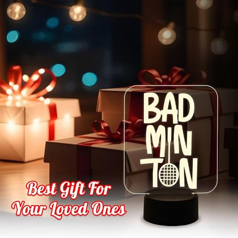3D Illusion Badminton Night Lamp with Warm White Light Gift for Badminton Player