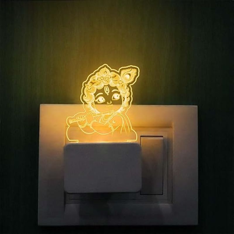 3D Illusion Cute Bal Krishna Plug Night Lamp with Warm White Color Best Gift for Fastive Pooja Room Decor