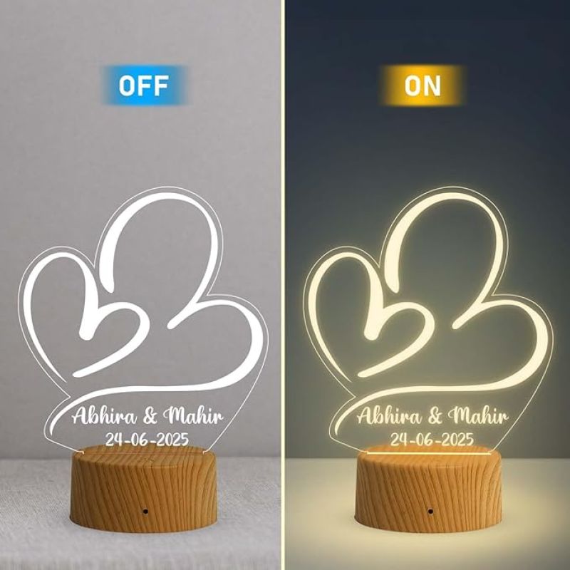 Double Heart Design Night Lamp with Warm White Light Customized with Name Couple & Date Birthday Gift for Girlfriend Wife Anniversary Engagement