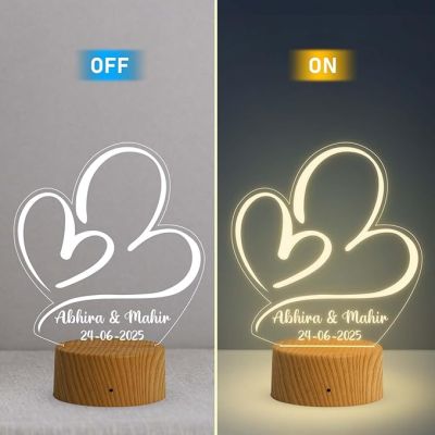 Double Heart Design Night Lamp with Warm White Light Customized with Name Couple & Date Birthday Gift for Girlfriend Wife Anniversary Engagement