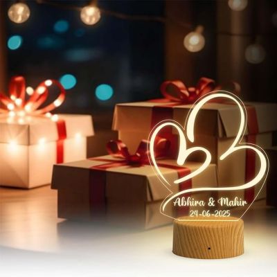 Double Heart Design Night Lamp with Warm White Light Customized with Name Couple & Date Birthday Gift for Girlfriend Wife Anniversary Engagement