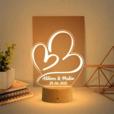 Double Heart Design Night Lamp with Warm White Light Customized with Name Couple & Date Birthday Gift for Girlfriend Wife Anniversary Engagement