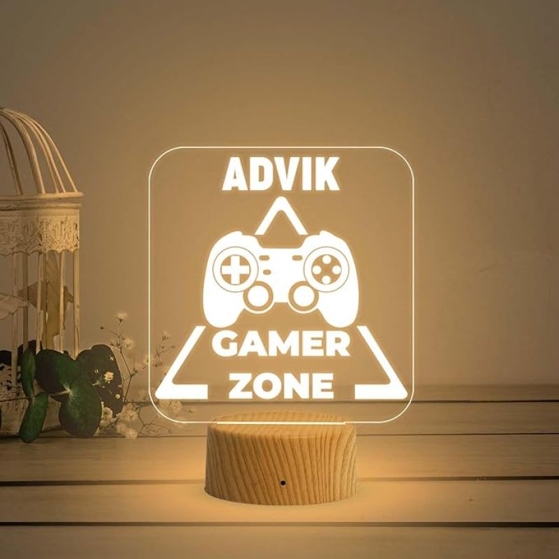 Game Zone Text Night Lamp with Warm White Light Game Controller Remote Design Birthday Gift for Kid & Gamer