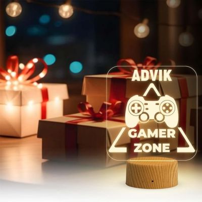 Game Zone Text Night Lamp with Warm White Light Game Controller Remote Design Birthday Gift for Kid & Gamer