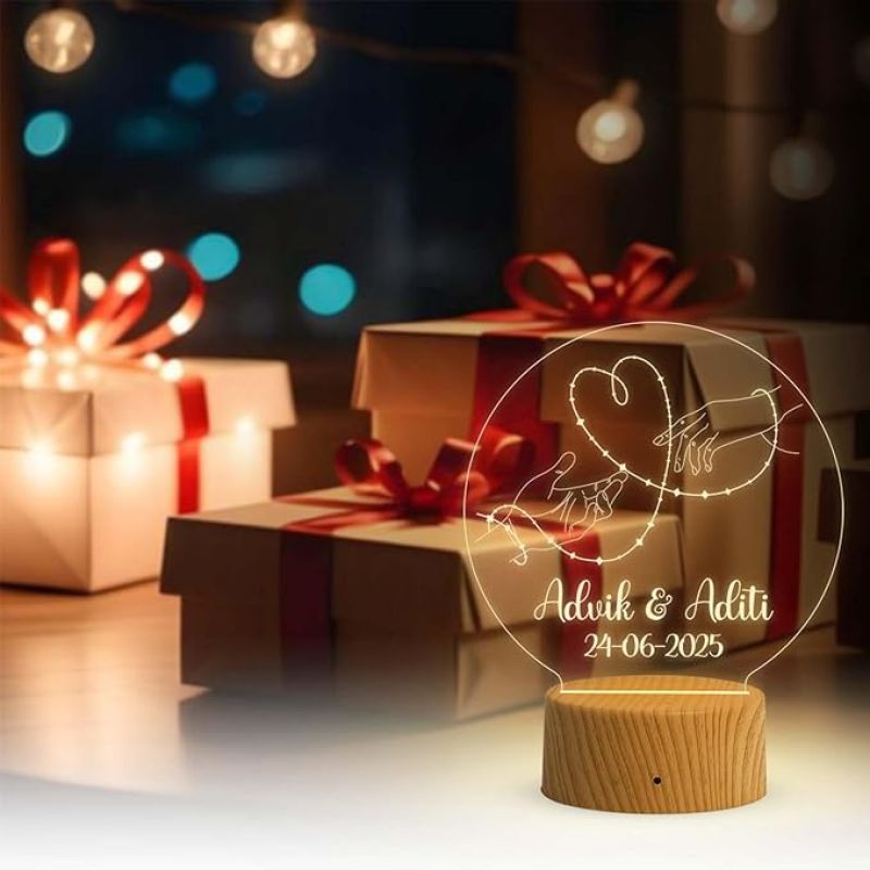 Personalized Couple Hand Night Lamp with Warm White Light Customized with Name & Date Gift for Husband Wife Anniversary & Wedding