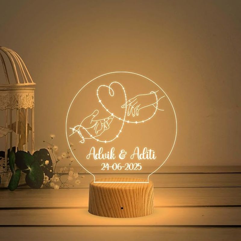 Personalized Couple Hand Night Lamp with Warm White Light Customized with Name & Date Gift for Husband Wife Anniversary & Wedding