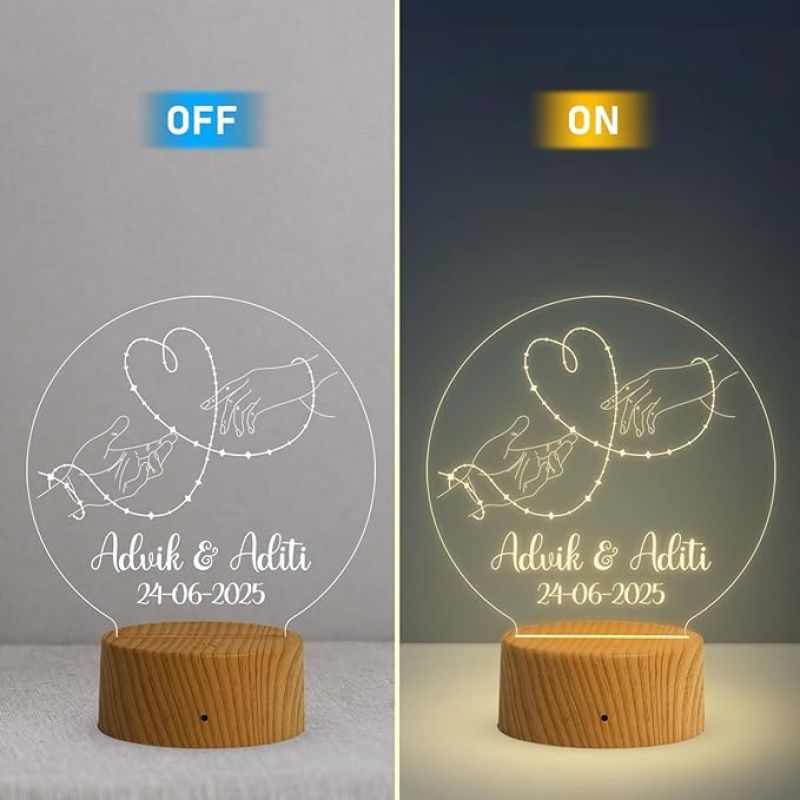 Personalized Couple Hand Night Lamp with Warm White Light Customized with Name & Date Gift for Husband Wife Anniversary & Wedding