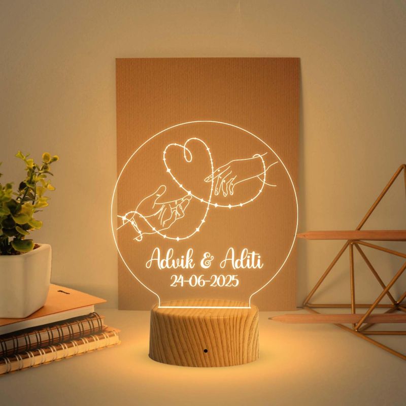 Personalized Couple Hand Night Lamp with Warm White Light Customized with Name & Date Gift for Husband Wife Anniversary & Wedding