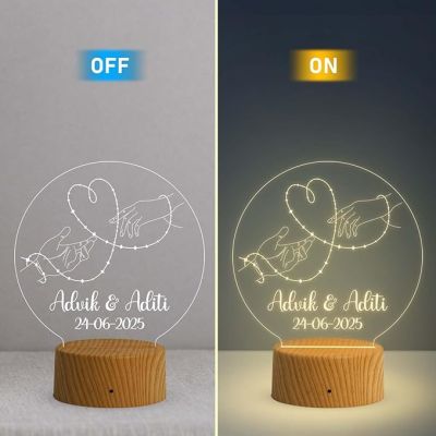 Personalized Couple Hand Night Lamp with Warm White Light Customized with Name & Date Gift for Husband Wife Anniversary & Wedding