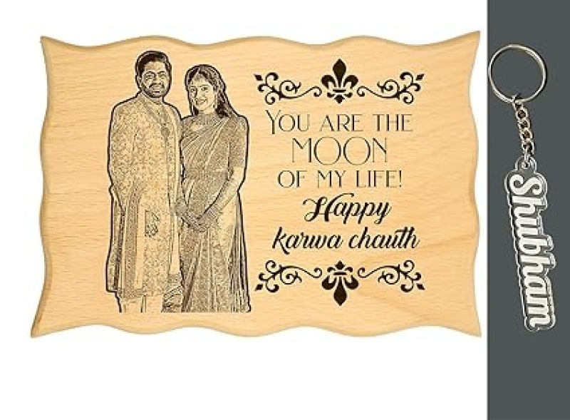 Happy Karwa Chauth Engraved Wooden Photo Plaque With Keychain Karwa Chauth Gift for Wife