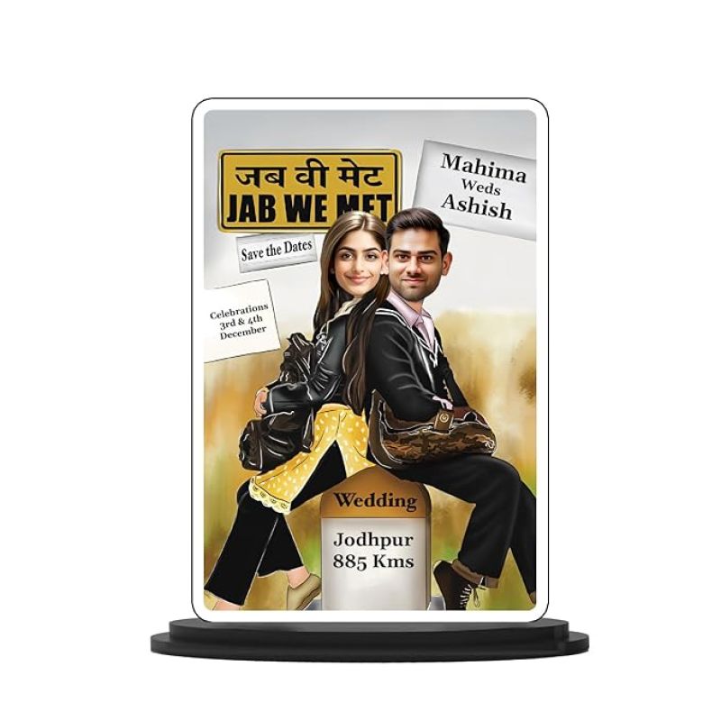 Personalized Jab We Met Design Couple Photo Caricature Customized Photo Name Date Place Couple Wedding Decor Caricature Gift for Friends Wedding Invitation Caricature