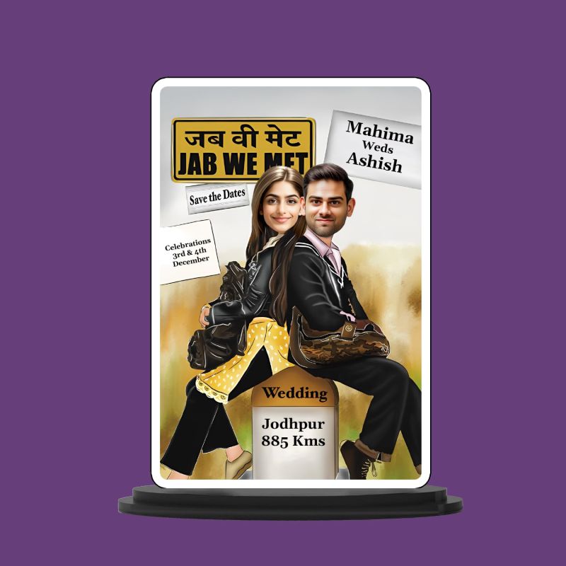Personalized Jab We Met Design Couple Photo Caricature Customized Photo Name Date Place Couple Wedding Decor Caricature Gift for Friends Wedding Invitation Caricature