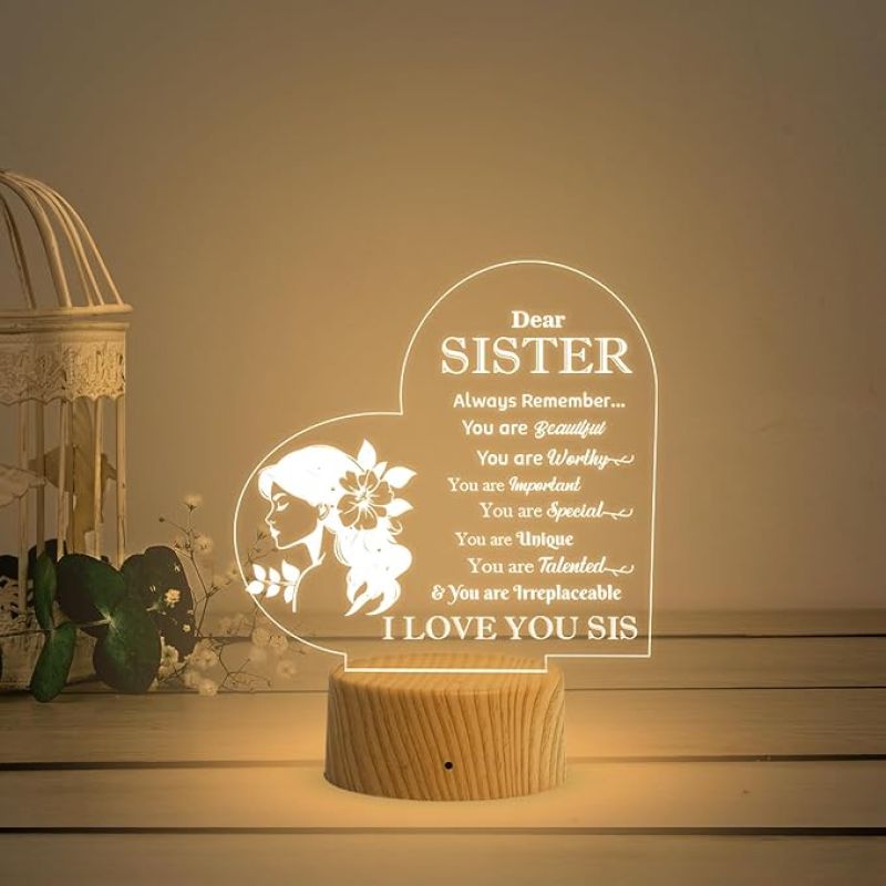 Dear Sister English Engraved Night Lamp with Warm White Light Sorry & Birthday Gift for Sister, Gift for Sister in Law