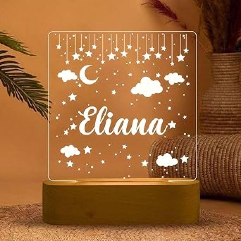 Personalized Moon & Star Design Night Lamp with Warm White Light Customize with Name Lamp for Kids Bedroom Decor Gift for Friend Birthday