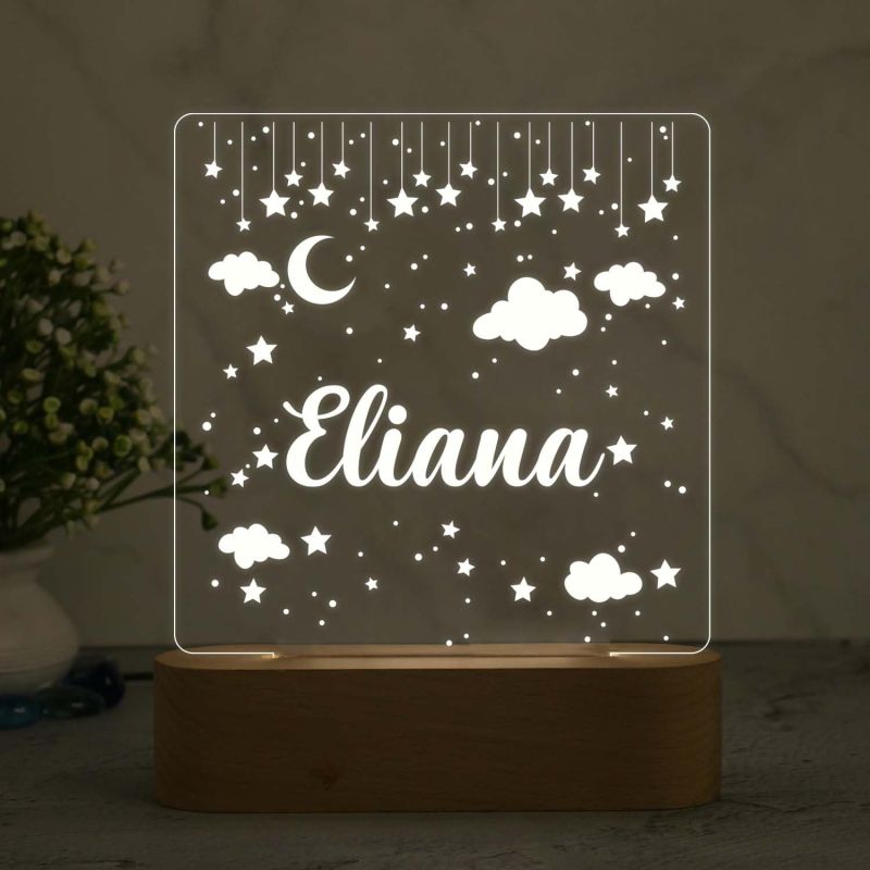 Personalized Moon & Star Design Night Lamp with Warm White Light Customize with Name Lamp for Kids Bedroom Decor Gift for Friend Birthday