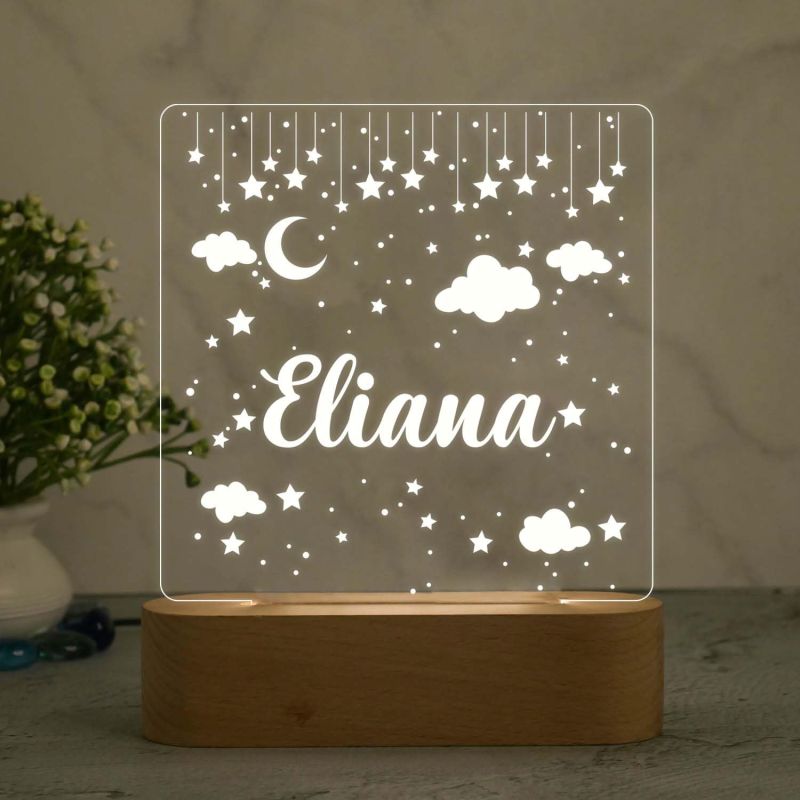Personalized Moon & Star Design Night Lamp with Warm White Light Customize with Name Lamp for Kids Bedroom Decor Gift for Friend Birthday