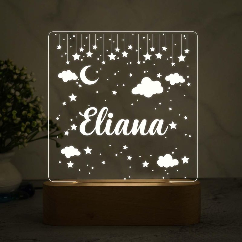 Personalized Moon & Star Design Night Lamp with Warm White Light Customize with Name Lamp for Kids Bedroom Decor Gift for Friend Birthday