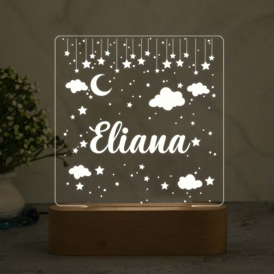 Personalized Moon & Star Design Night Lamp with Warm White Light Customize with Name Lamp for Kids Bedroom Decor Gift for Friend Birthday
