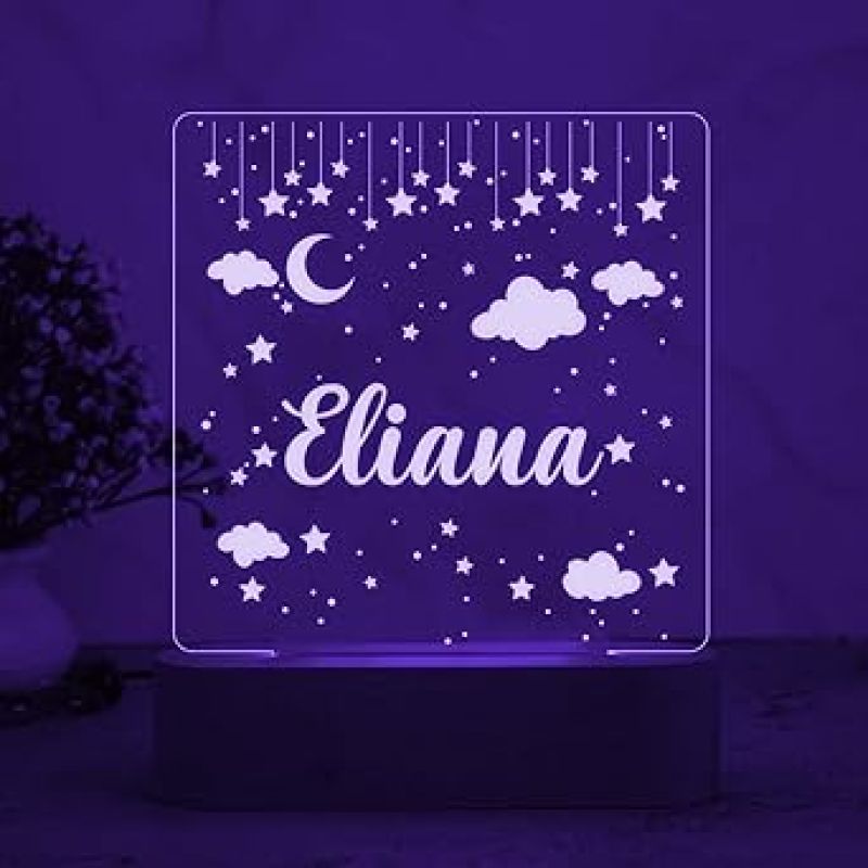 Personalized Moon & Star Design Night Lamp with Multicolored Light Customize with Name Lamp for Kids Bedroom Decor Gift for Friend Birthday