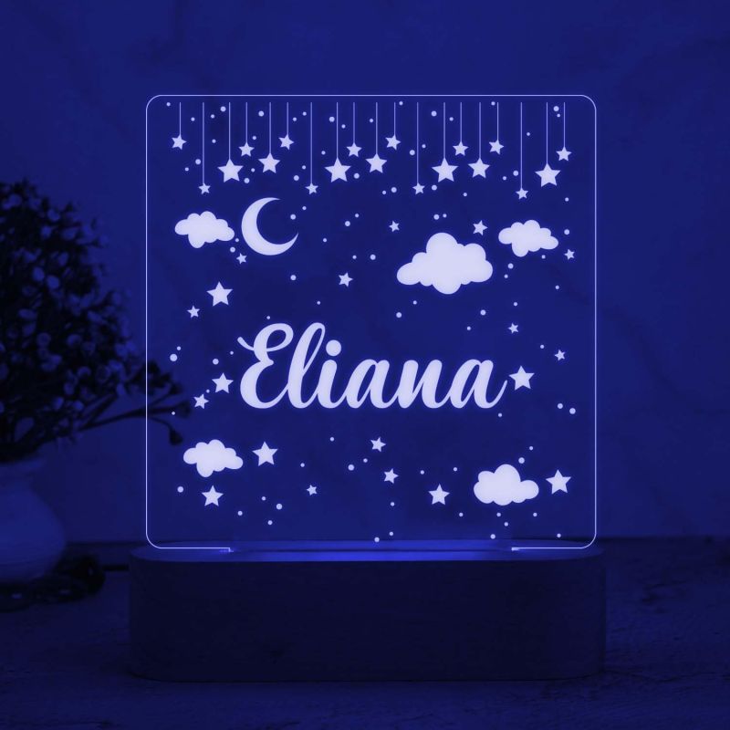 Personalized Moon & Star Design Night Lamp with Multicolored Light Customize with Name Lamp for Kids Bedroom Decor Gift for Friend Birthday