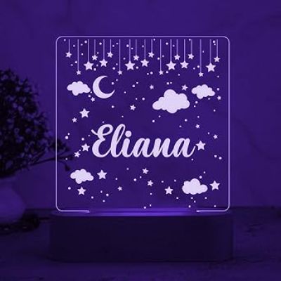 Personalized Moon & Star Design Night Lamp with Multicolored Light Customize with Name Lamp for Kids Bedroom Decor Gift for Friend Birthday