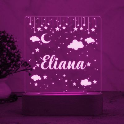Personalized Moon & Star Design Night Lamp with Multicolored Light Customize with Name Lamp for Kids Bedroom Decor Gift for Friend Birthday