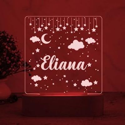 Personalized Moon & Star Design Night Lamp with Multicolored Light Customize with Name Lamp for Kids Bedroom Decor Gift for Friend Birthday