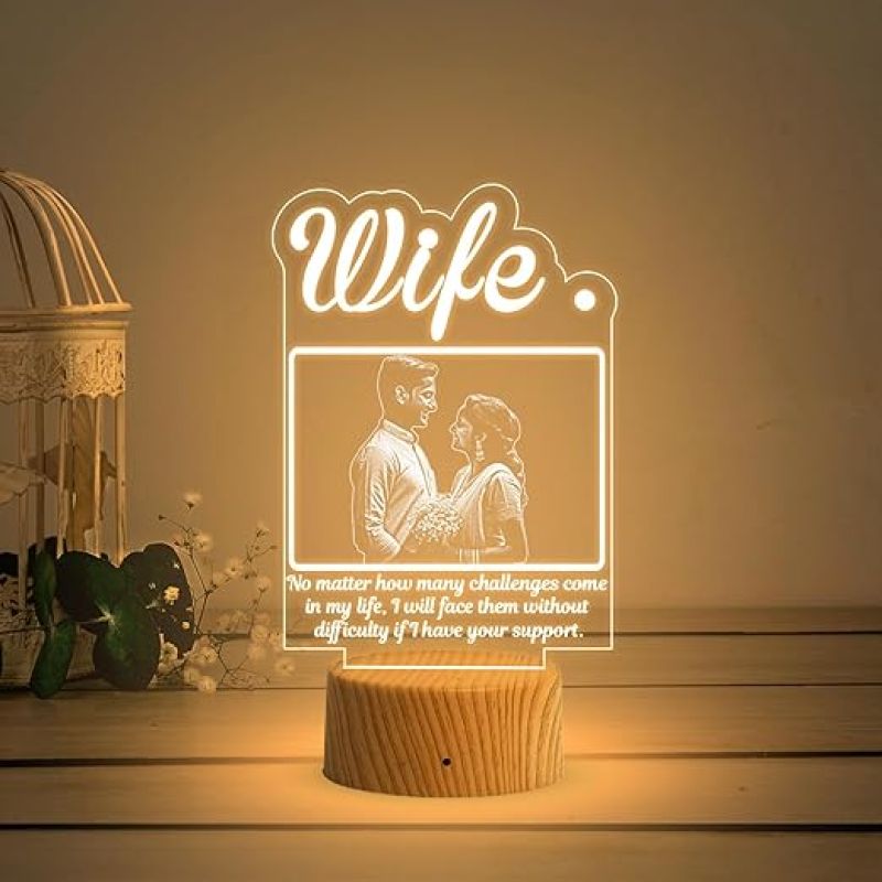 3D Wife Photo Night Lamp with Warm White Light Customized with Photo & Text Birthday Gifts for Wife