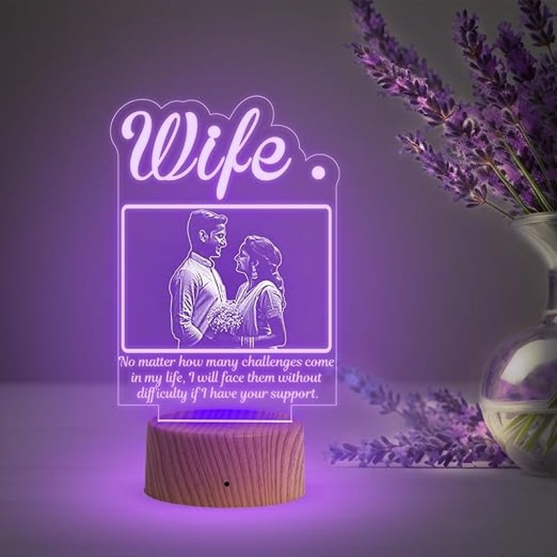 3D Wife Photo Night Lamp with Multicolored Light Customized with Photo & Text Birthday Gifts for Wife