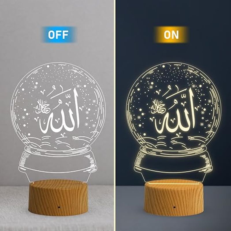 3D Illusion Allah Islamic Night Lamp with Warm White Light Gift for Eid Mubarak, Muslim Wedding, Gift for Muslim Friend Blessing & Home Decor