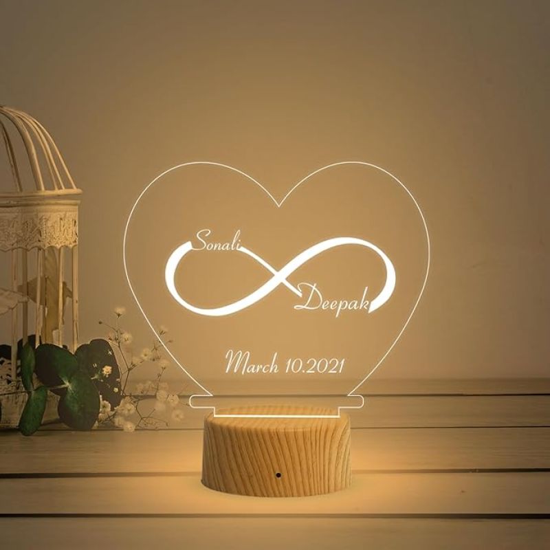 Infinity Heart Shape Night Lamp with Warm White Light Customized Name & Date Gift for Wife Husband Girlfriend Gift for Couple Anniversary, Wedding