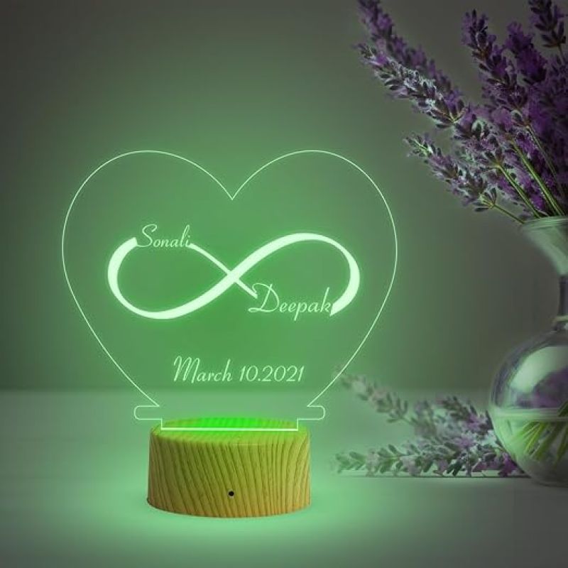 Infinity Heart Shape Night Lamp with Multicolored Light Customized Name & Date Gift for Wife Husband Girlfriend Gift for Couple Anniversary, Wedding,