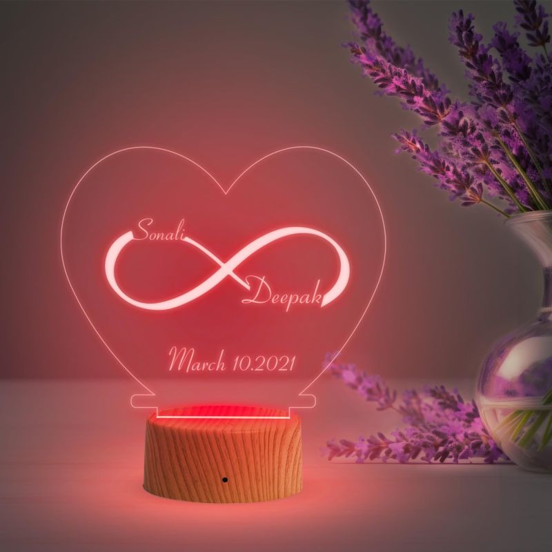 Infinity Heart Shape Night Lamp with Multicolored Light Customized Name & Date Gift for Wife Husband Girlfriend Gift for Couple Anniversary, Wedding,